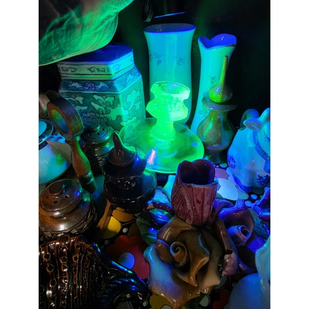 Vintage Green Uranium Glass Candlesticks Hexagonal Base Pair UV Glow Vaseline